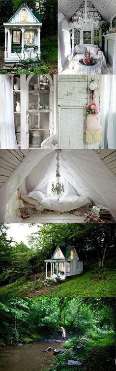 there are many pictures of different houses in the woods and one has a bed with white sheets on it