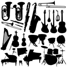 various musical instruments silhouettes on a white background