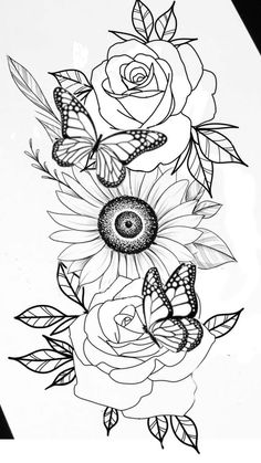 a black and white drawing of flowers with butterflies