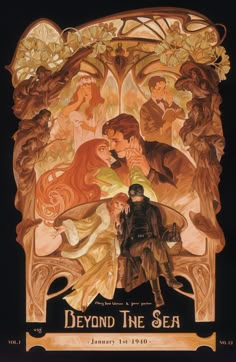 the poster for beyond the sea is shown in black and orange colors, with an image of