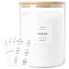 sugar in a glass jar with labels on it