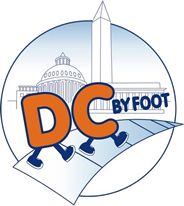 the dc by foot logo is shown in front of a white building and orange letters