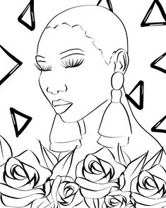 a black and white drawing of a woman's face with roses in the foreground