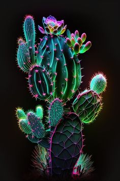 a green and pink cactus plant with bright lights on it's back side, against a black background