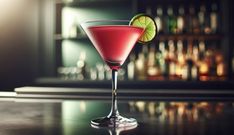 a close up of a martini glass with a lime garnish on the rim