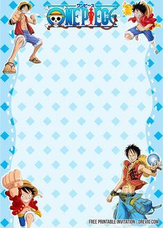 an image of anime characters on a blue and white checkered background with space for text