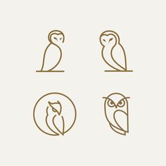 four owls sitting in different positions on a white background, each with an owl's head