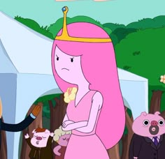 a cartoon character with pink hair and a crown on her head is standing in front of other characters