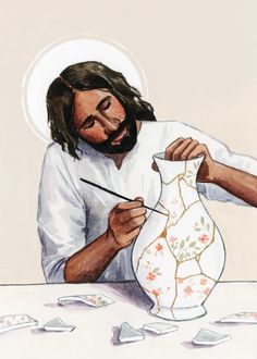 a painting of jesus holding a vase with paintbrushes in his hand and looking at it