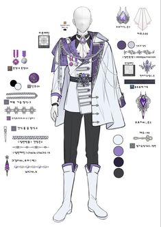 an anime character's costume is shown in purple and white