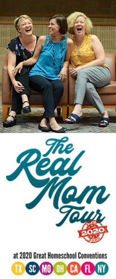 the real mom tour poster with three women sitting on a couch and smiling at each other