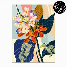 an art print with flowers and leaves on it