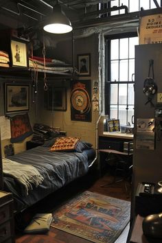 a bedroom with a bed, desk and various pictures on the wall above it in front of a window