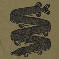 a t - shirt with an image of a snake on it's chest and two fish on its back