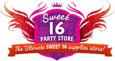 the sweet 16 party store logo is red and purple, with wings around it's edges