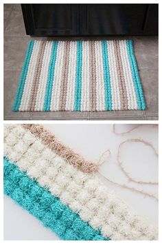 crocheted rugs on the floor and in front of an oven with yarn