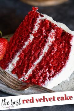 a slice of red velvet cake on a plate with a fork