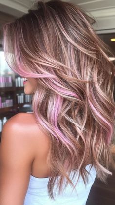 Pink Ombre Blonde Hair, Pink Fall Hair Color, Blonde Hair Red Peekaboos, Hair Color Ideas Fun Colors, Fall Hair For Dirty Blonde, Peak A Boo Pink Hair Color, Blond And Pink Highlights, Pink Highlights In Dirty Blonde Hair, Blonde With Pink Underneath