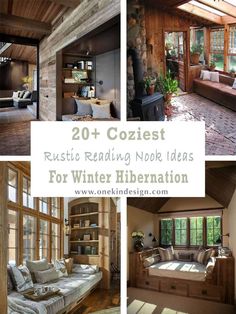 the interior of a log cabin with lots of windows and couches, bookshelves