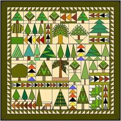 a quilt with many different trees on it