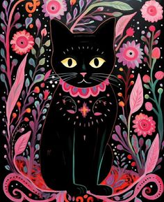 a painting of a black cat sitting in front of flowers and leaves on a black background