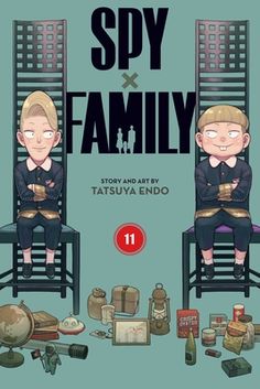 the cover of spy family, featuring two people sitting in chairs with their arms crossed