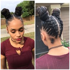 Knots buns feedin braids Space Buns With French Braids, Feedin Braids Bun, Two French Braids Into Bun Black Hair, Braided Double Buns Black Women, Braided Space Buns Low, Faux Hairstyles, Nigerian Braids Hairstyles, Braided Hairstyles For Women