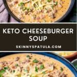 keto cheeseburger soup is shown in two different pans with the same topping