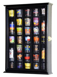 a display case filled with lots of different types of cups