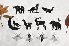 the silhouettes of animals and bees are shown in black on white paper with leaves