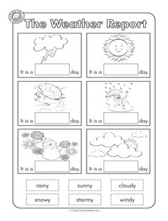 the weather report worksheet is shown in black and white, with four different pictures