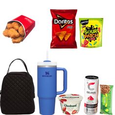 food and drink items are arranged on a white background, including an insulated cup