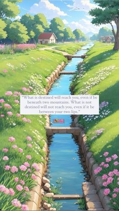 an anime scene with flowers and water in the foreground, there is a small stream running through it