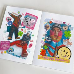 an open book with pictures and stickers on it