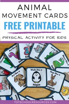 an animal movement card game with the words, free printable physical activity for kids