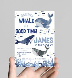 a hand holding up a card with whale and sea life on it that says, what's for a good time? james is turning 21