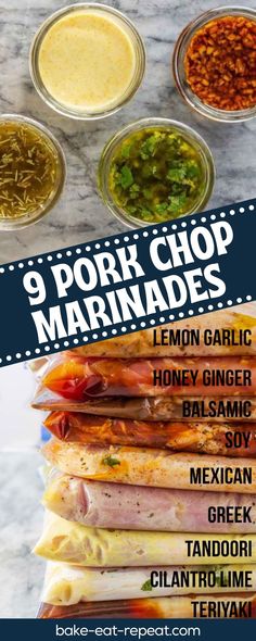 the 9 pork chop marinades are stacked on top of each other and ready to be eaten