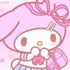 a cartoon girl with pink hair and bow holding a small purse in her hand,