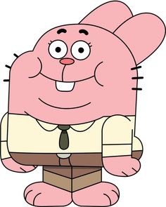 a cartoon pink bunny wearing a shirt and tie with his hands in his pockets while sitting down