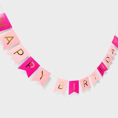 a happy birthday banner with pink and gold letters