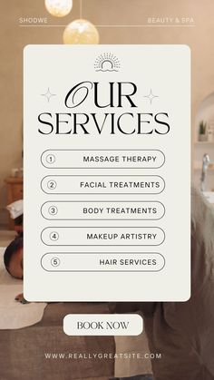 the back of a woman's head with text over it that reads our services massage therapy facial treatments body treatments makeup artist