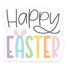 an easter sticker with the words happy easter written in black ink on it's side