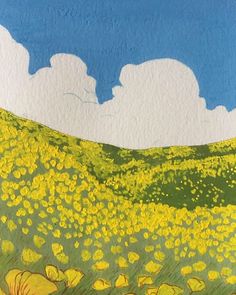 a painting of yellow flowers in a green field under a blue sky with white clouds