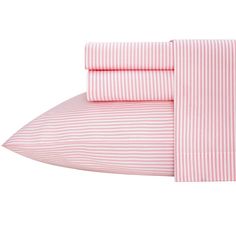 the pink and white striped sheets are folded on top of each other, with two pillow cases