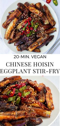 two plates with different types of food on them and the words, 20 min vegan chinese hoisin eggplant stir - fry