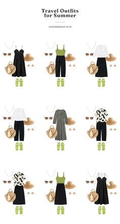 the different types of clothes and shoes are shown in this image, with text that reads travel outfits