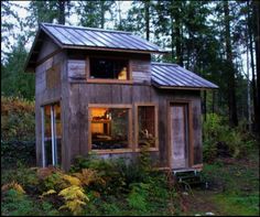 a small wooden building in the middle of some trees and bushes with a metal roof