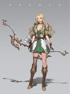 a woman dressed in green and white holding a bow with arrows on her back, standing next to an arrow