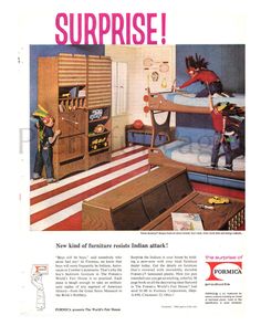 an advertisement for the furniture store shows children playing in their bedroom, and another child standing on his bed