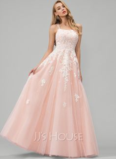 Ball-Gown/Princess Square Neckline Floor-Length Tulle Prom Dresses With Lace Sequins (018220272) - JJ's House Dusty Rose Prom Dress, Dusty Pink Gown, Prom Dresses With Lace, Flowy Prom Dresses, Beach Wedding Dresses Backless, Wedding Dresses Backless, Tulle Prom Dresses, Dresses With Lace, Prom 2022